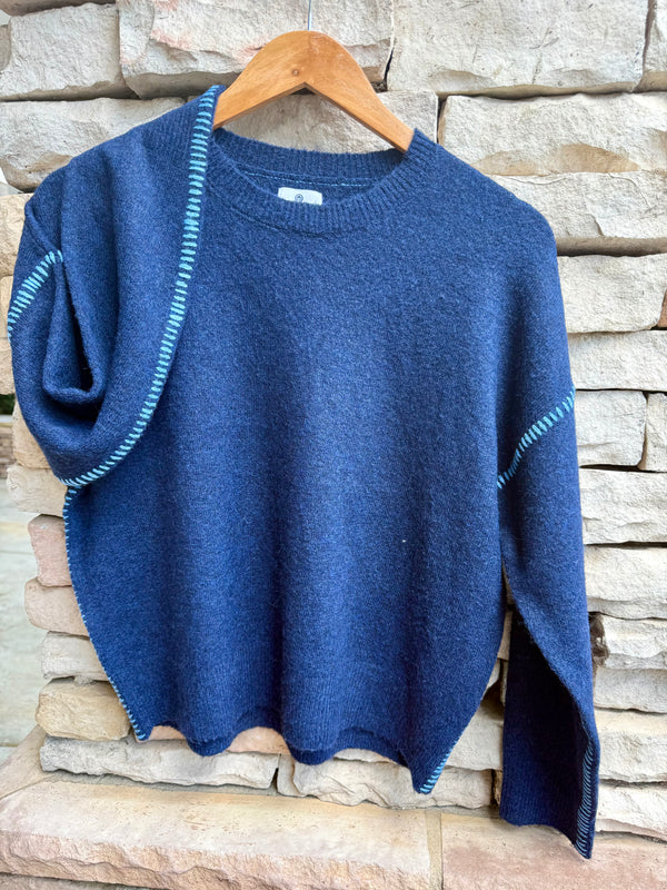 Baseball Stitching Crew Sweater - Navy