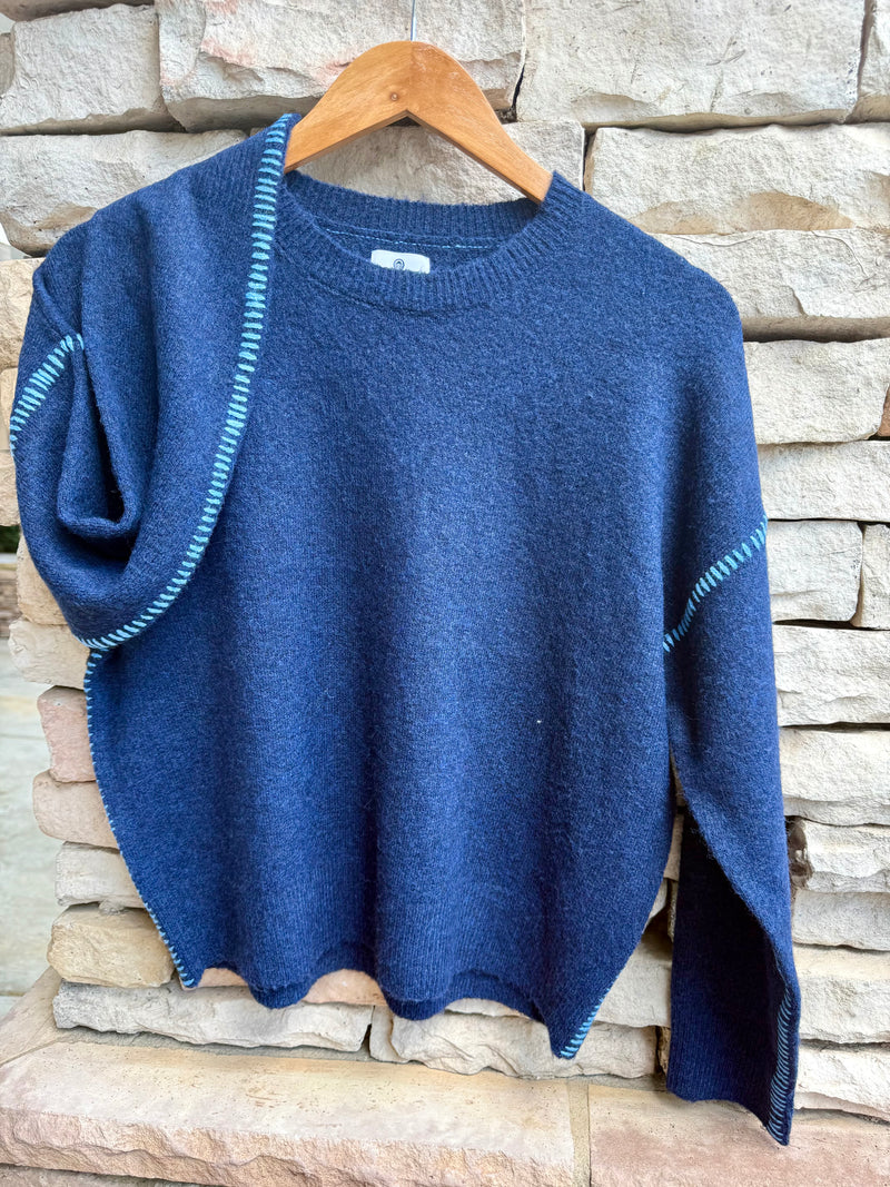 Baseball Stitching Crew Sweater - Navy