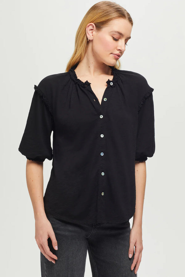 Short Sleeve Button Front Blouse - Black