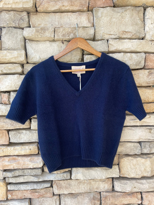 Short Sleeve V-Neck Sweater - Navy