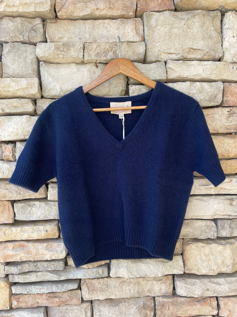 Short Sleeve V-Neck Sweater - Navy