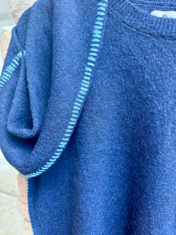 Baseball Stitching Crew Sweater - Navy