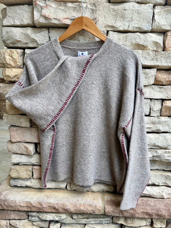 Baseball Stitching Crew Sweater - Taupe