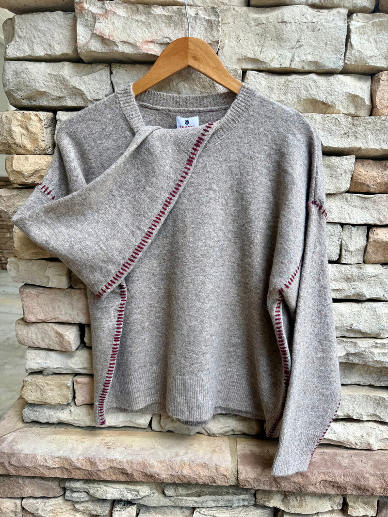 Baseball Stitching Crew Sweater - Taupe