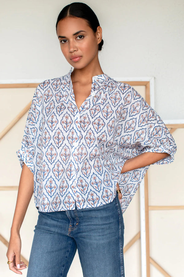 Mandarin Collar Top - Blue Portrait