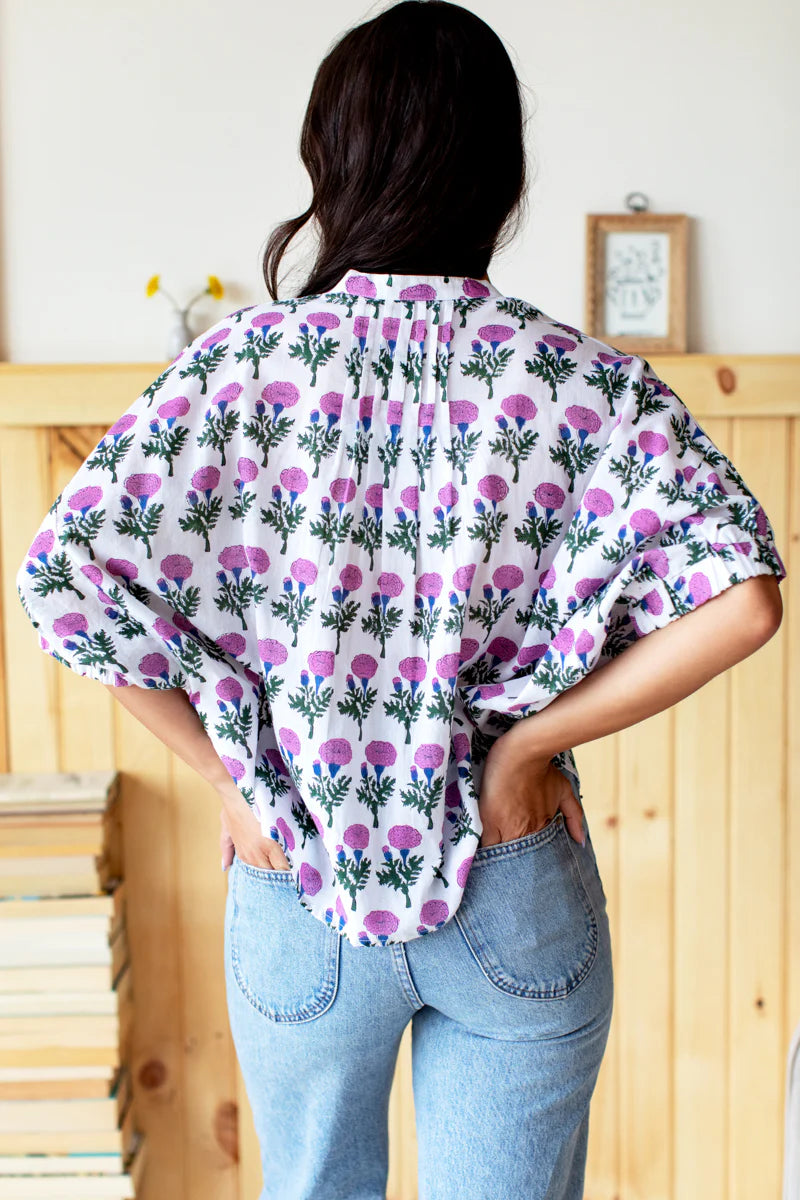 Mandarin Collar Top - Purple Marigolds