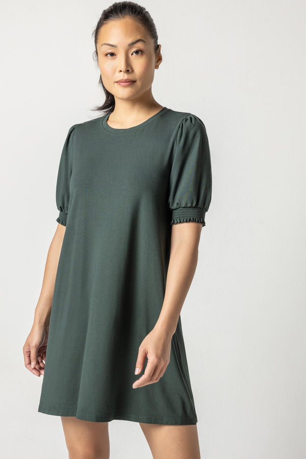 Smocked Sleeve Crewneck Dress