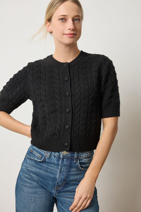Short Sleeve Cardigan Sweater - Black