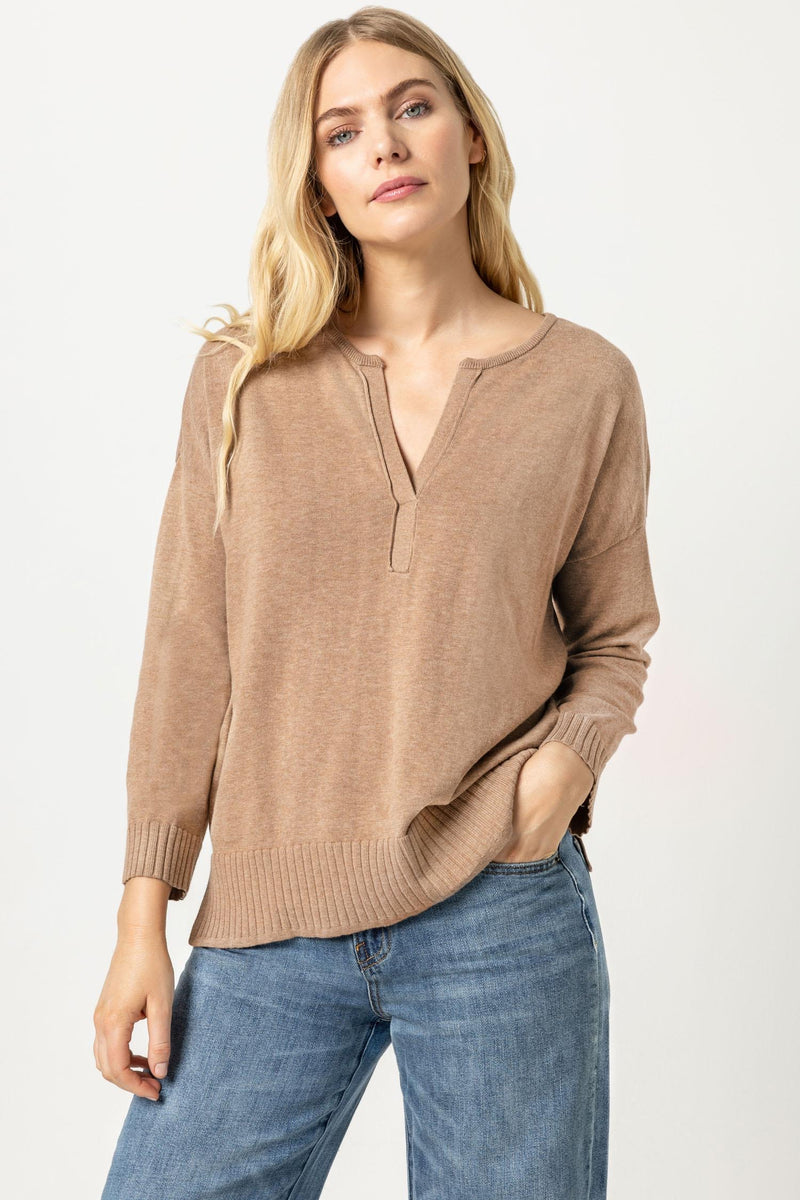 Split Neck Pullover Sweater - Flax