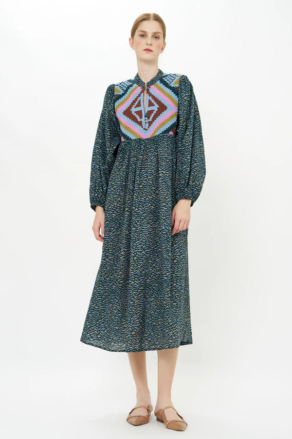 Mandarin Balloon Sleeve Midi
