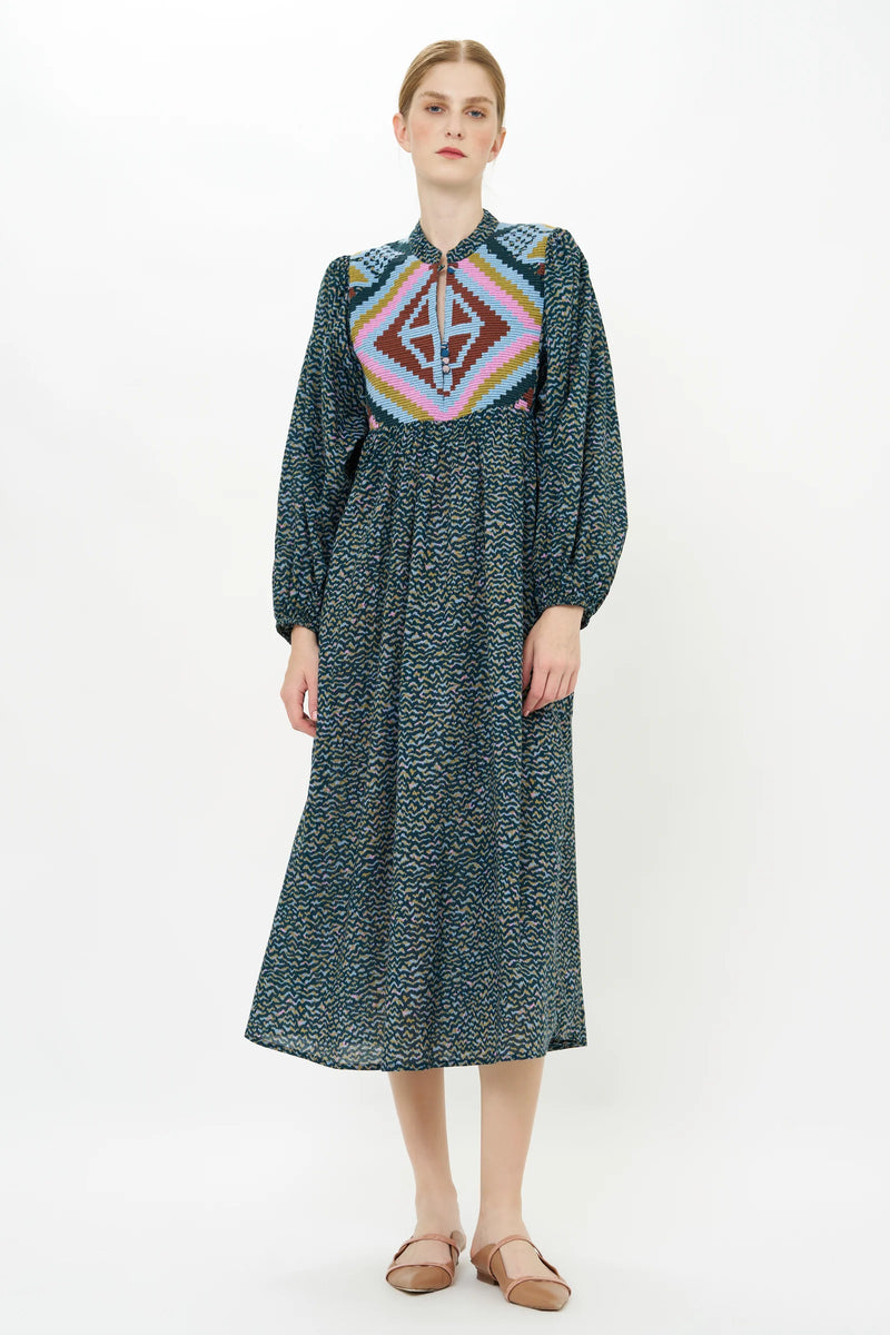 Mandarin Balloon Sleeve Midi
