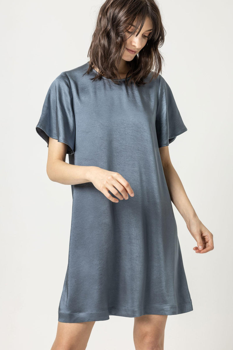 Flutter Sleeve Satin Dress - Slate Blue