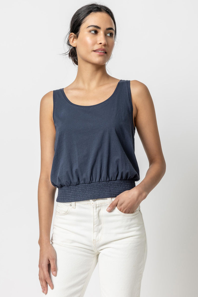 Smocked Hem Tank - Navy