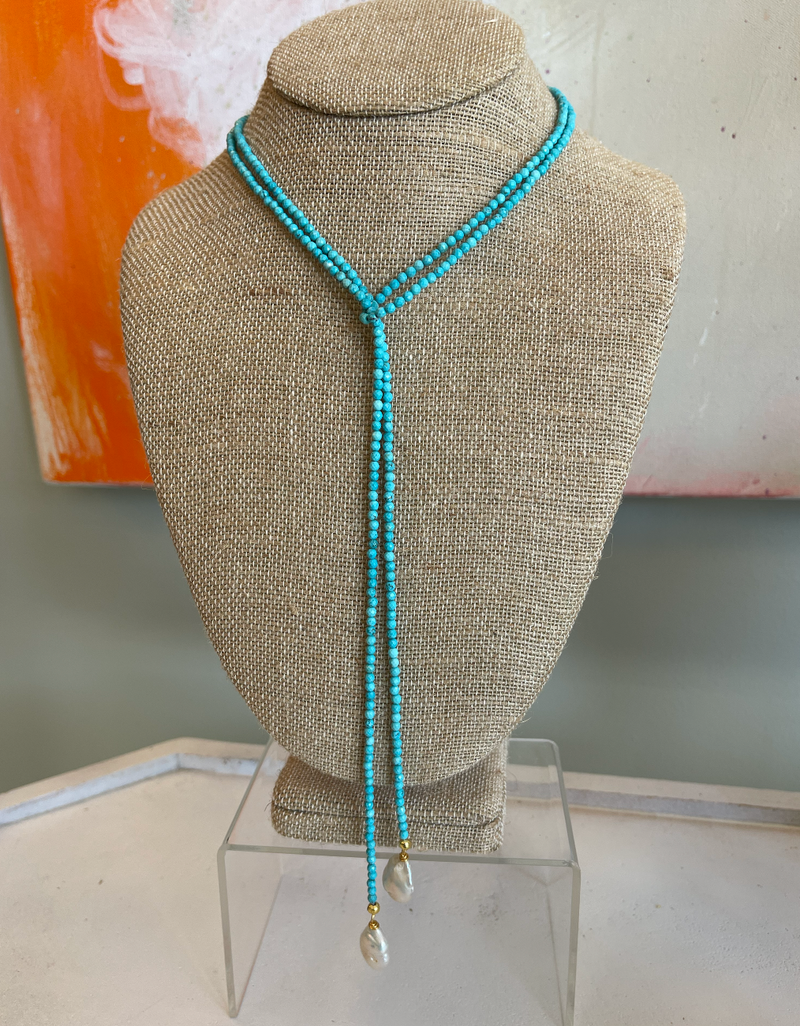 Turquoise & Pearl Lariat