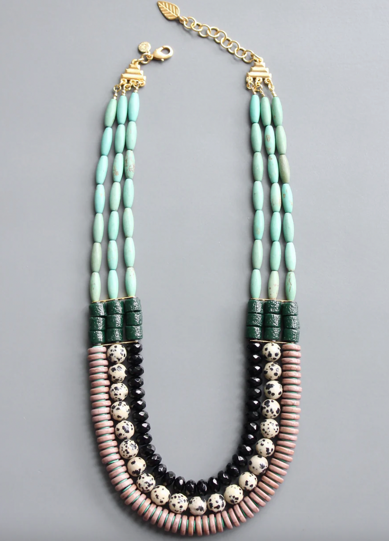 Turquoise & Ghana Glass Triple Strand Necklace
