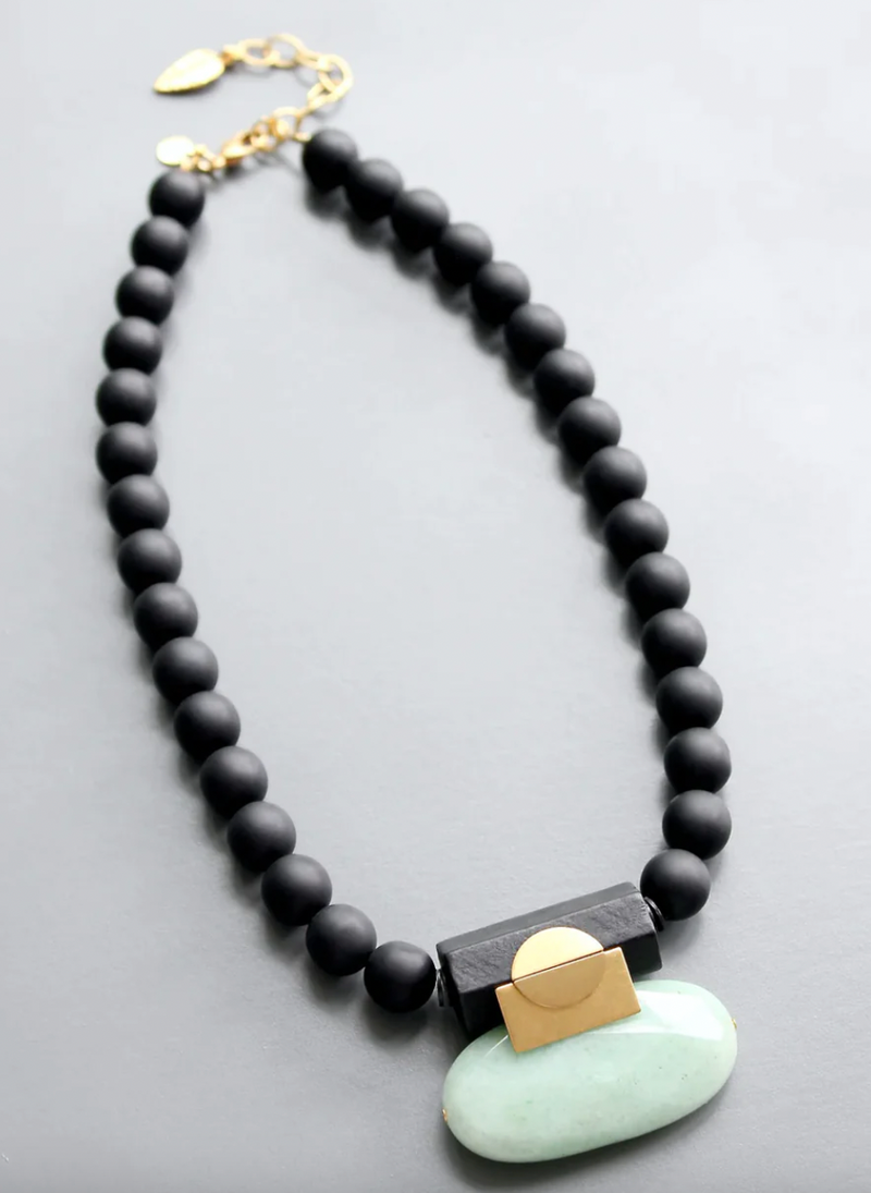 Jet Matte Glass & Aventurine Necklace