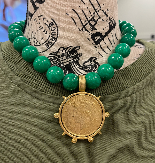 Green Bead Coin Necklace