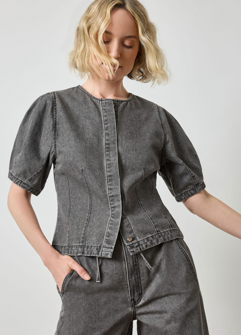 Full Sleeve Seamed Top - Grey Denim