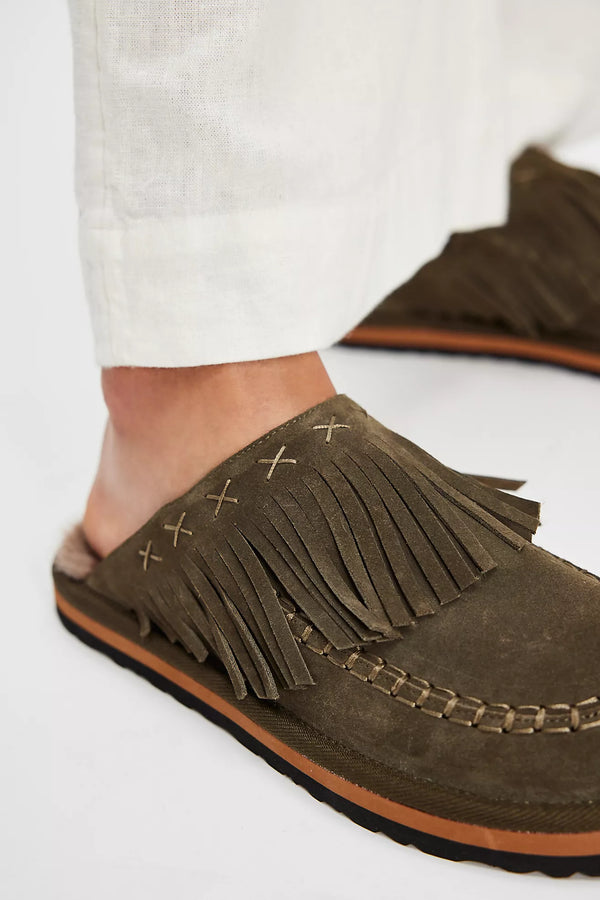 Fallon Fringe Mules - Olive