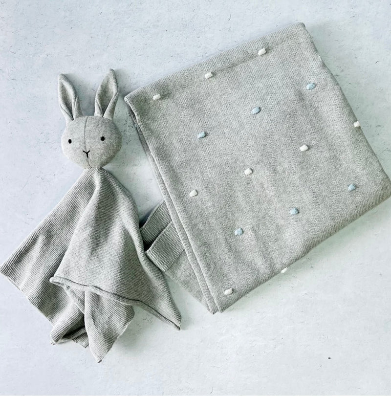 Bobble Jacquard Knit Baby Blanket and Bunny Lovey Gift SET in Blue Bobble