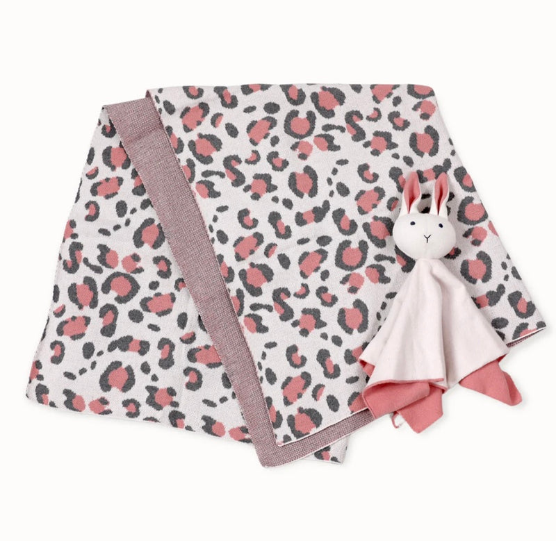 Pink leopard Animal Jacquard Knit Baby Blanket and Bunny Lovey Gift SET